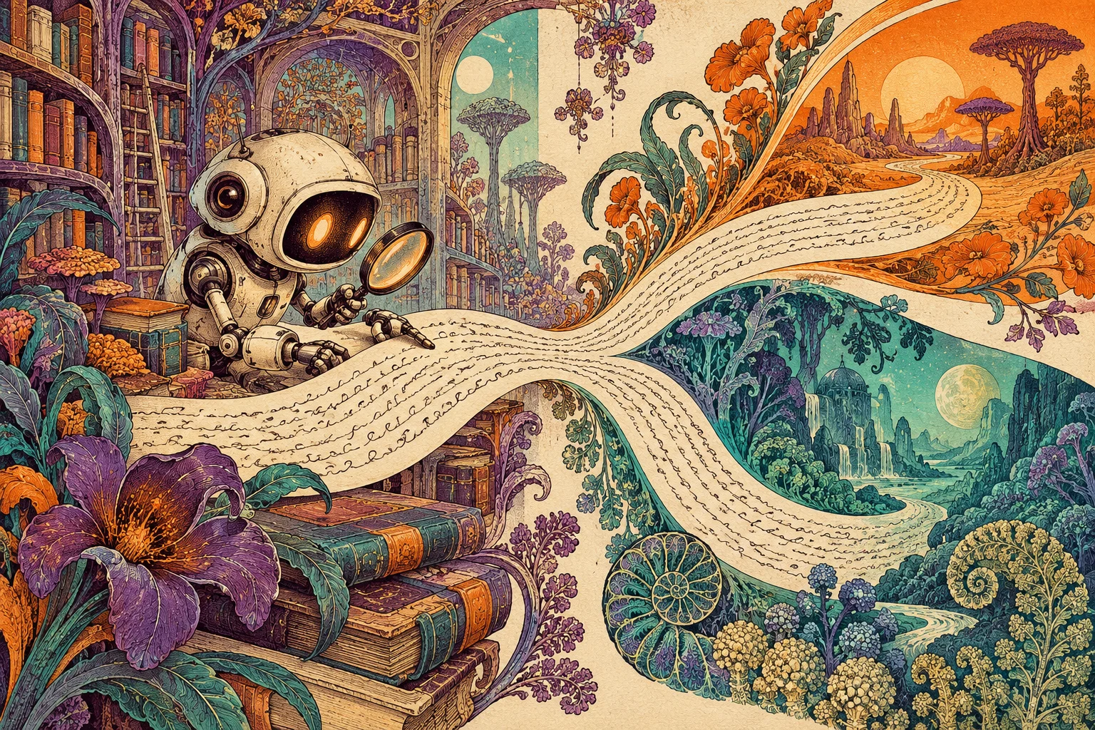 A small machine inspecting a branching river of language in a psychedelic library.